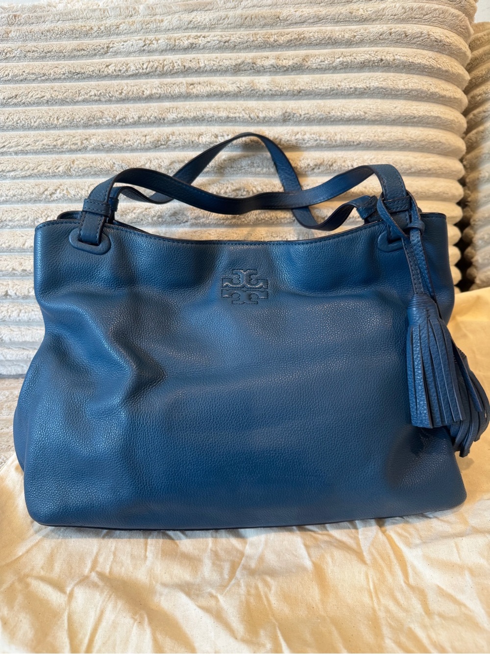 Tory Burch Deep Blue Pebbled Leather Shoulder Tote with Tassel
